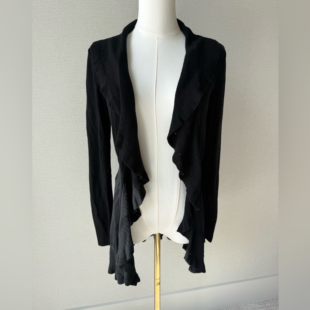 White House Black Market Black Ruffled Open-Front Cardigan